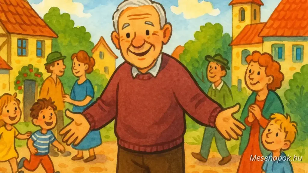 A bácsi, aki mindenkit ismert – színes, rajzolt mesekönyv-illusztráció