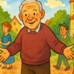 A bácsi, aki mindenkit ismert – színes, rajzolt mesekönyv-illusztráció