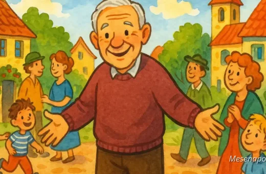 A bácsi, aki mindenkit ismert – színes, rajzolt mesekönyv-illusztráció