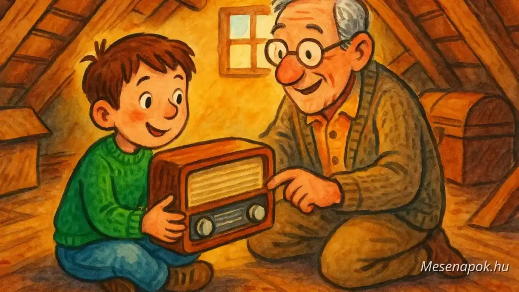 A fiú és a régi rádió – színes, rajzolt mesekönyv-illusztráció