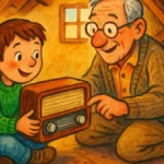A fiú és a régi rádió – színes, rajzolt mesekönyv-illusztráció