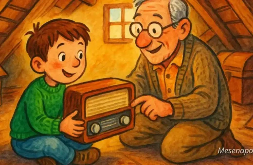 A fiú és a régi rádió – színes, rajzolt mesekönyv-illusztráció