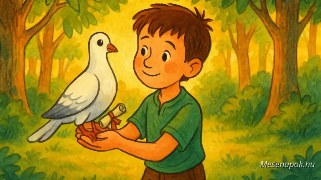 A postagalamb üzenete – színes, rajzolt mesekönyv-illusztráció