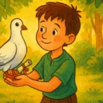 A postagalamb üzenete – színes, rajzolt mesekönyv-illusztráció
