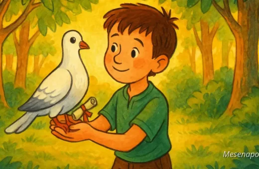 A postagalamb üzenete – színes, rajzolt mesekönyv-illusztráció