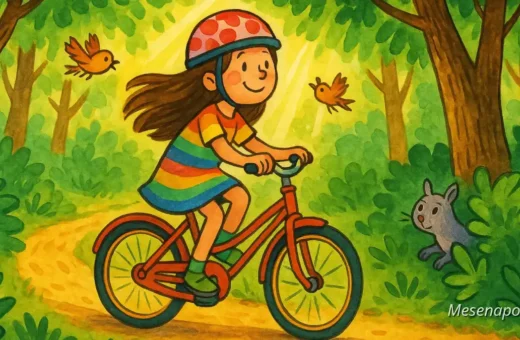 A régi kerékpár útja – színes, rajzolt mesekönyv-illusztráció