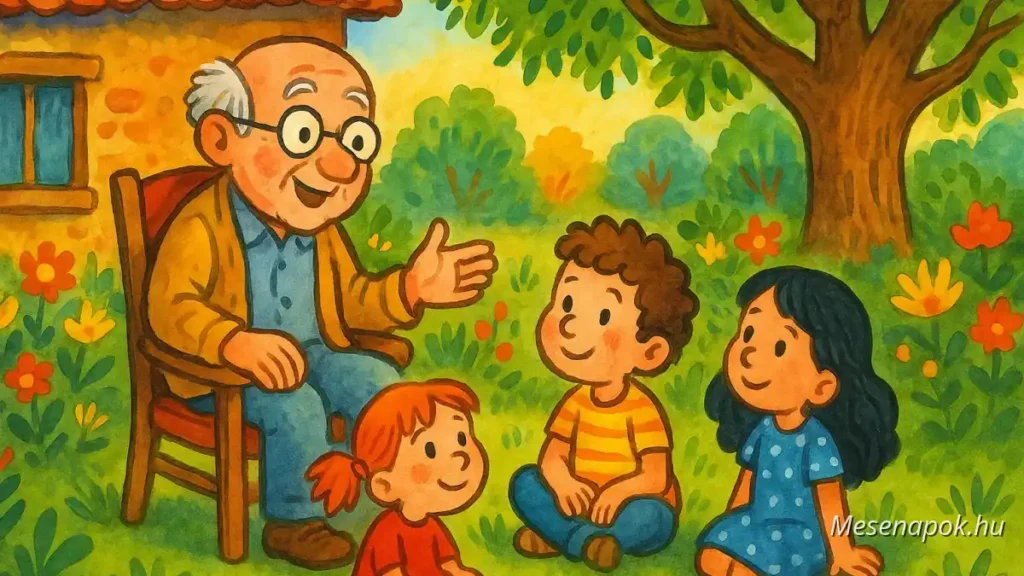 A szomszéd bácsi történetei – színes, rajzolt mesekönyv-illusztráció