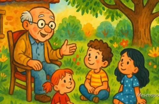 A szomszéd bácsi történetei – színes, rajzolt mesekönyv-illusztráció