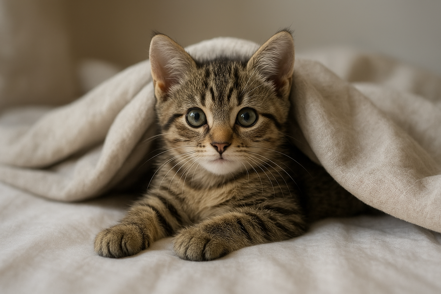 Egy kis cica kíváncsian néz ki a takaró alól, éppen ébredve.