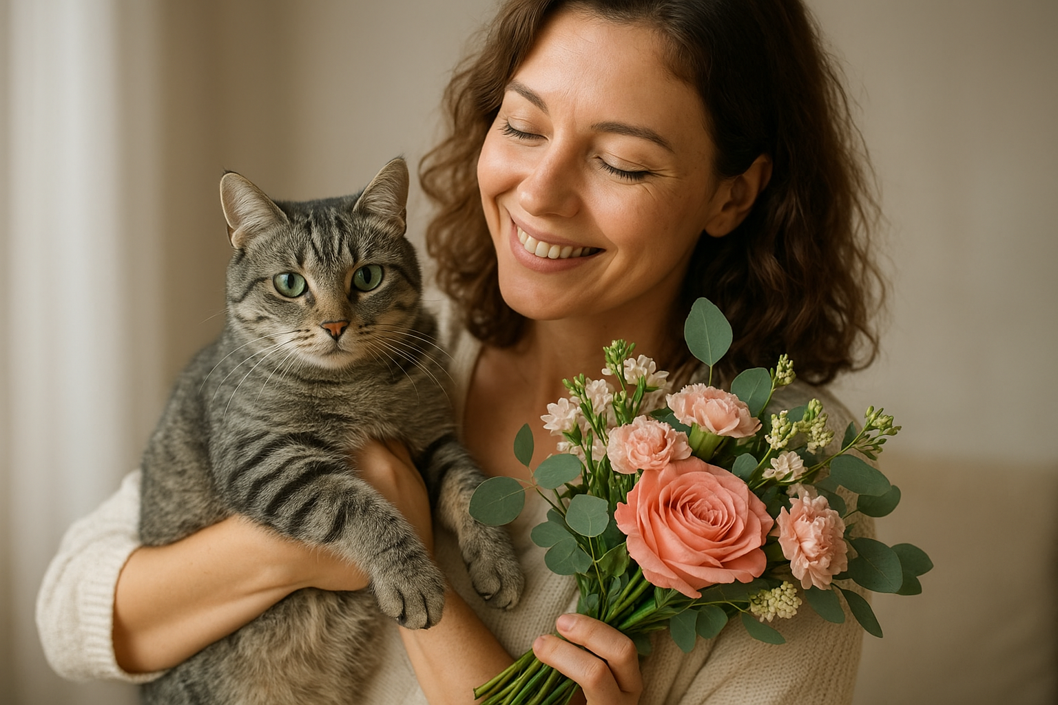 Egy nő mosolyogva tart a karjában egy cicát és virágcsokrot.