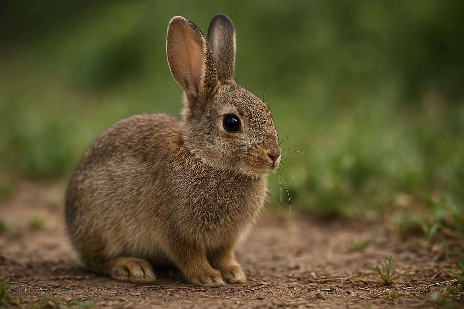 Egy kis nyúl ül a földön, figyelmesen néz körbe a zöld fűben.