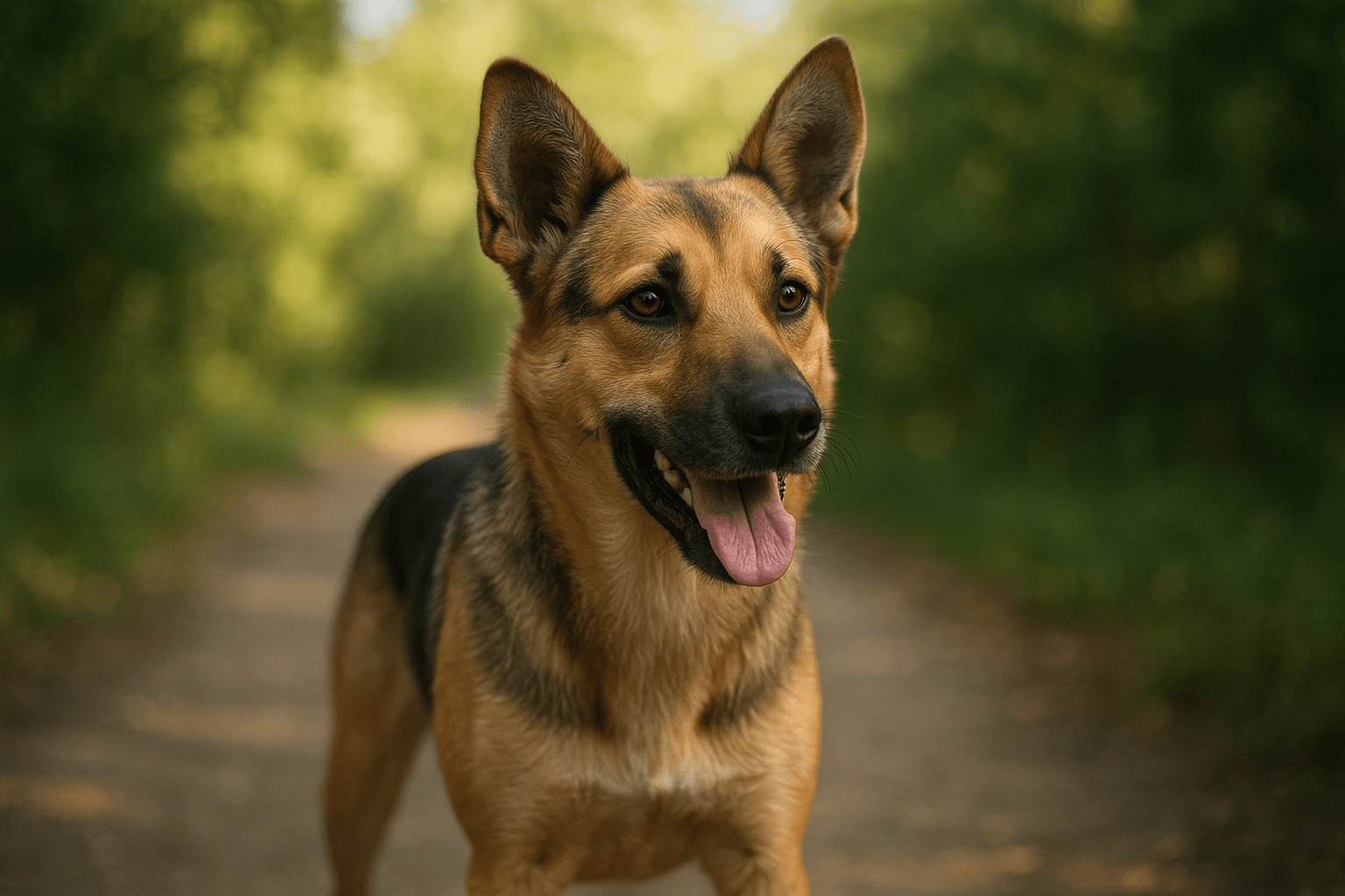 Egy boldog kutya áll egy erdei ösvényen, mosolyogva néz a kamerába.