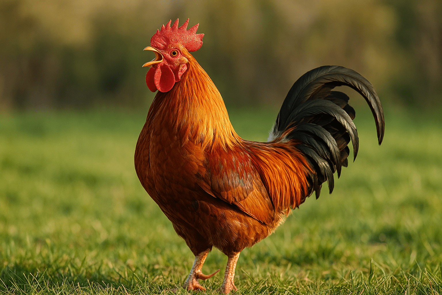 Egy élénk színű kakas kukorékol a zöld fűben, tavaszi hangulatot árasztva.