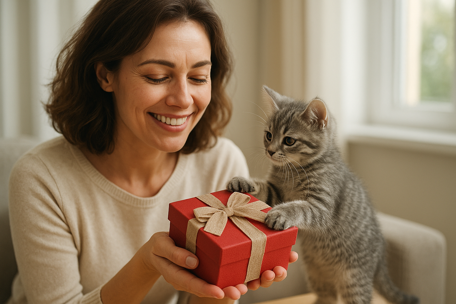 Egy nő boldogan nézi a kis cica által hozott ajándékot, egy piros dobozt.