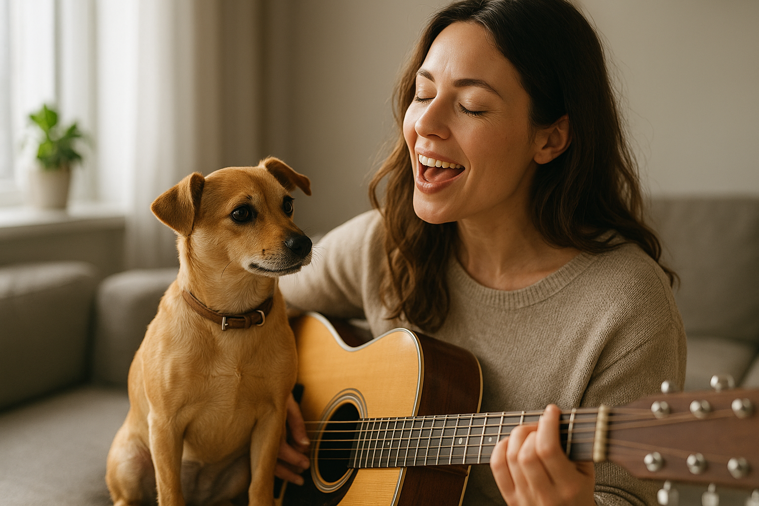 Egy nő gitározik és énekel, mellette egy kis kutya figyelmesen hallgat.