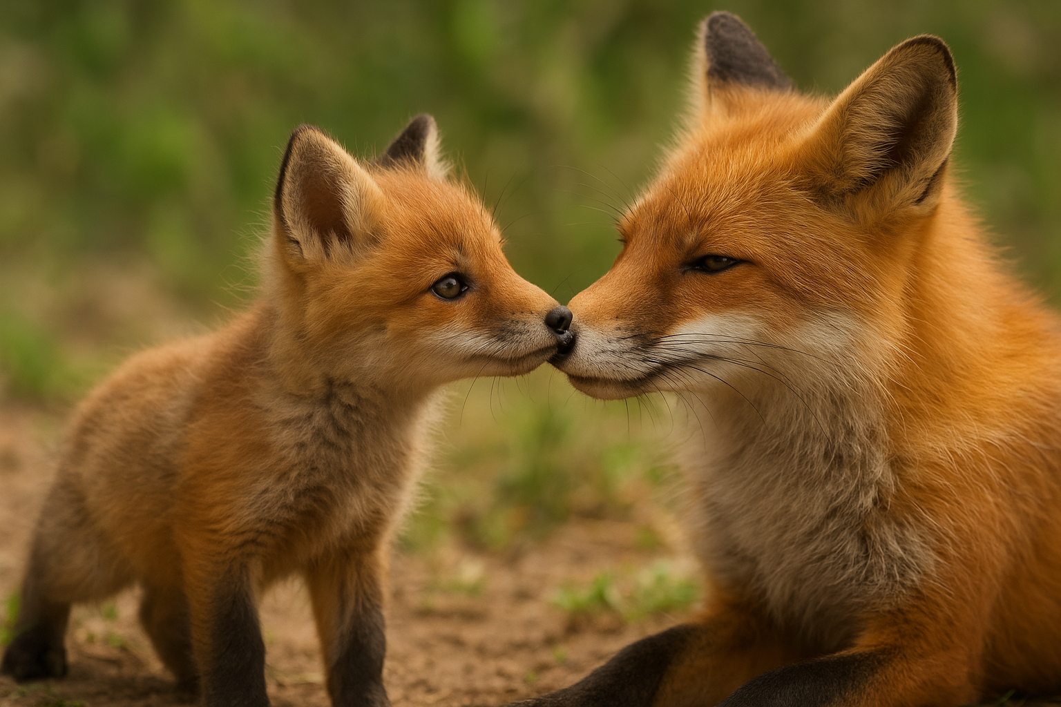 Egy kis róka és az édesanyja egymás orrával játszanak egy zöld fűvel borított területen.