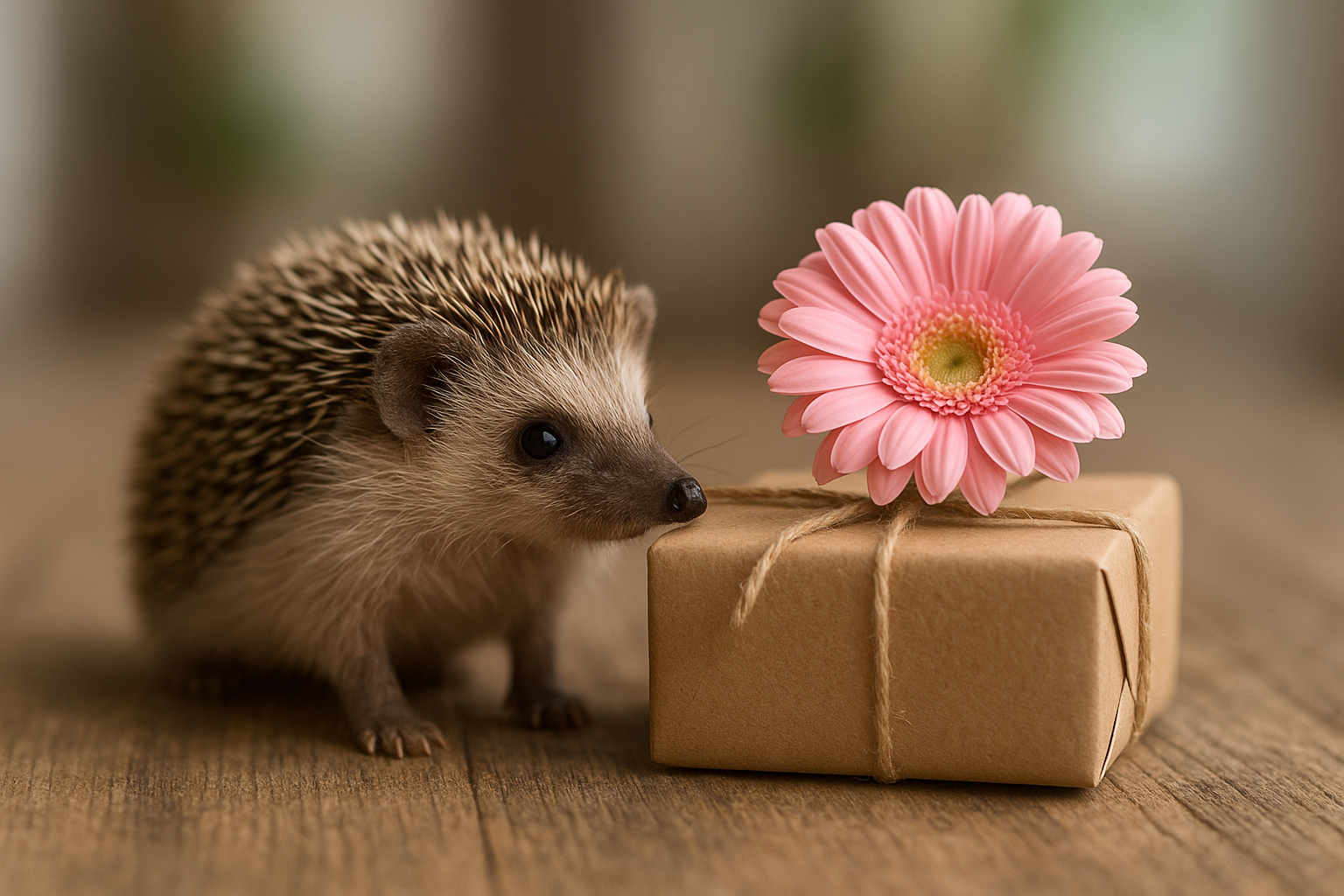 Egy kis sün áll egy csomag mellett, amelyen egy rózsaszín virág díszeleg.