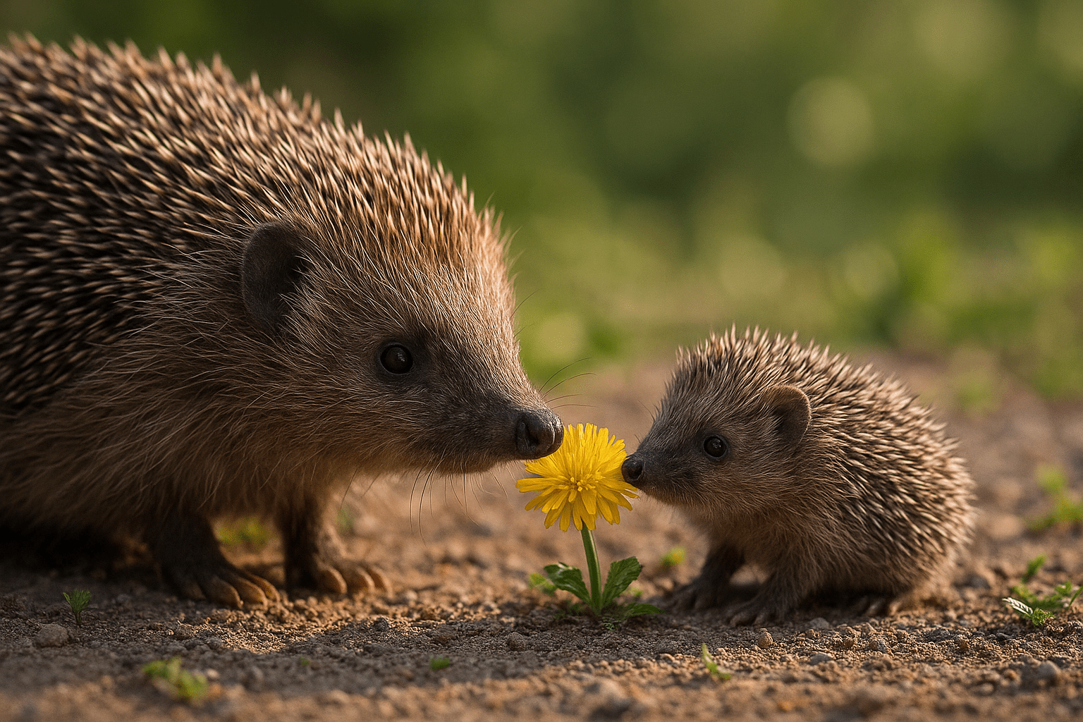 Két sün, egy felnőtt és egy kicsi, virágot szagolnak az erdőben.