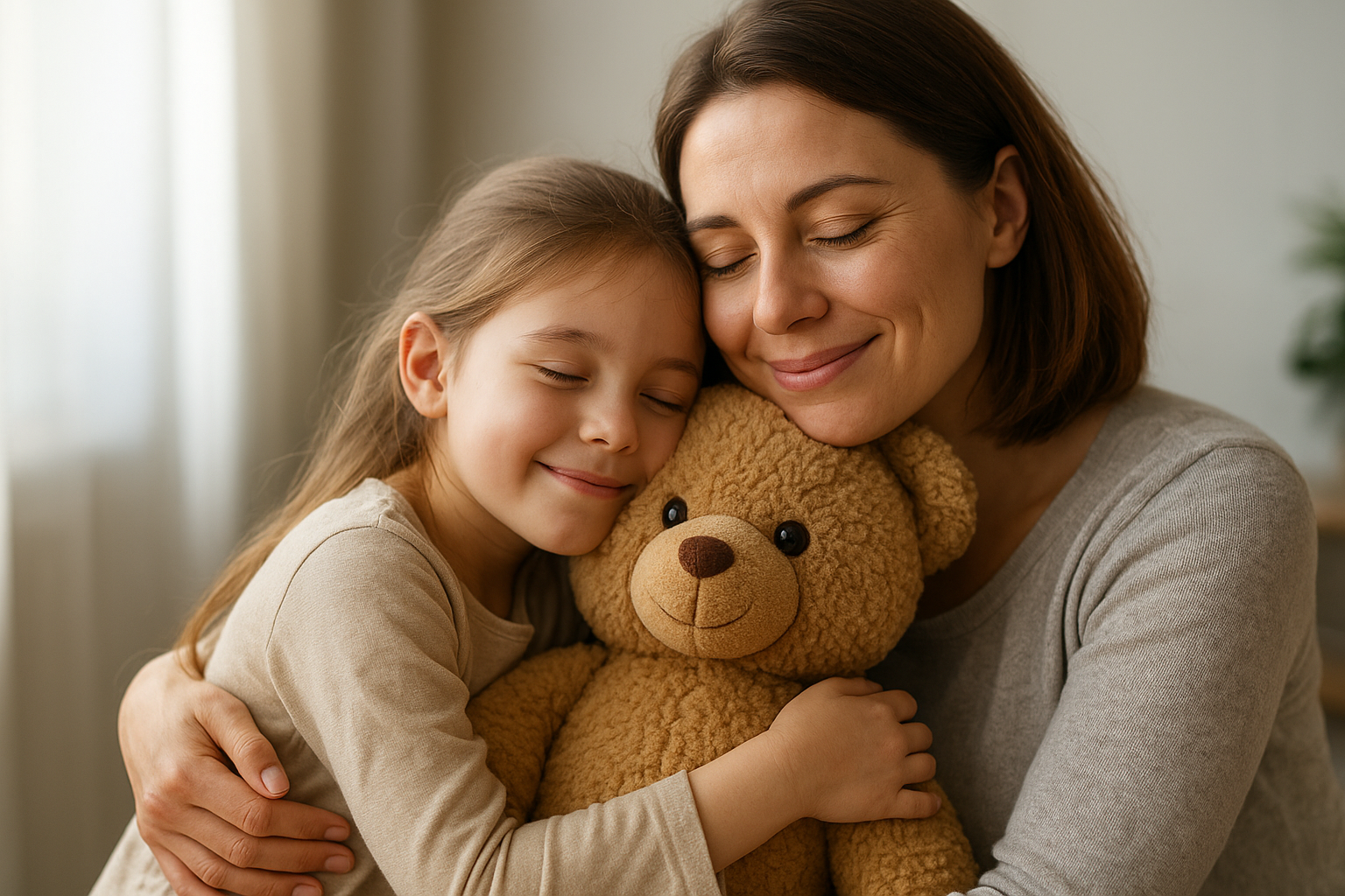 Egy anya és lánya ölelkezik, miközben egy macit tartanak a karjukban.