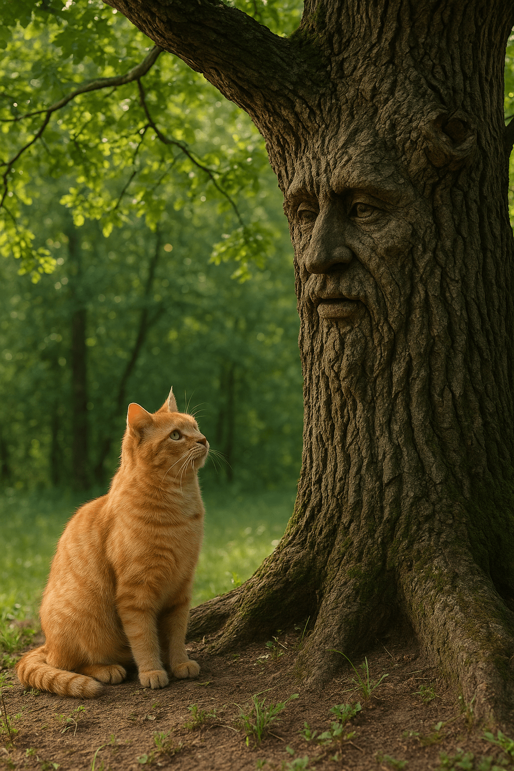 Egy kíváncsi macska néz egy beszélő tölgyfára az erdőben.