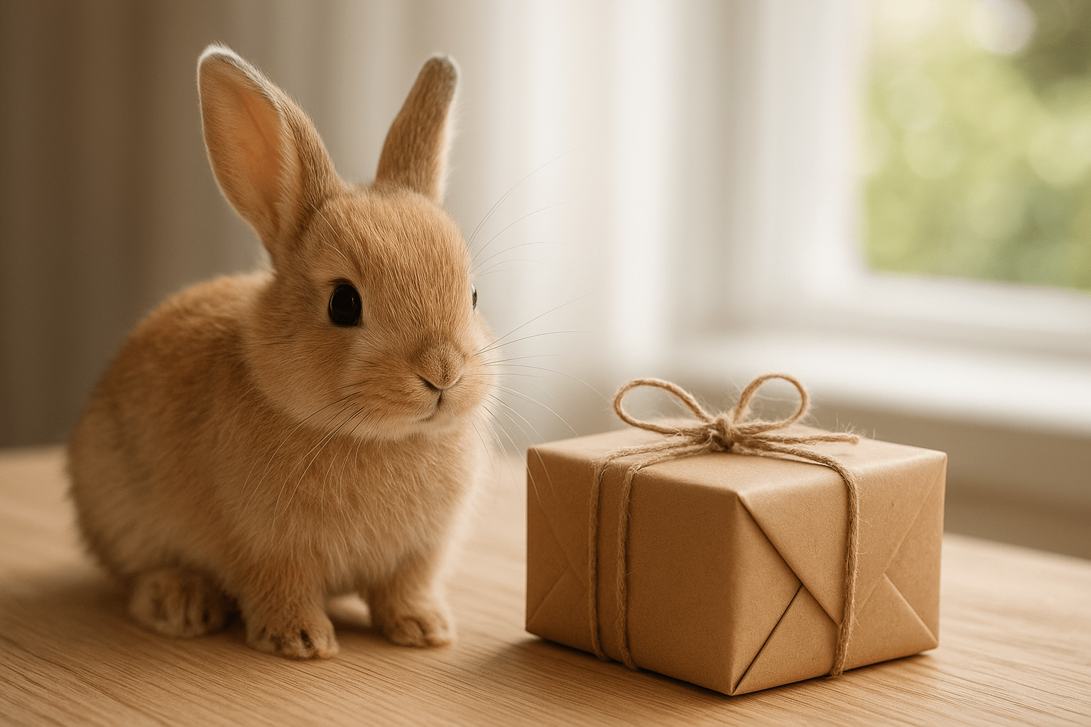Egy aranyos nyuszi ül egy asztalon, mellette egy csomagolt ajándék.