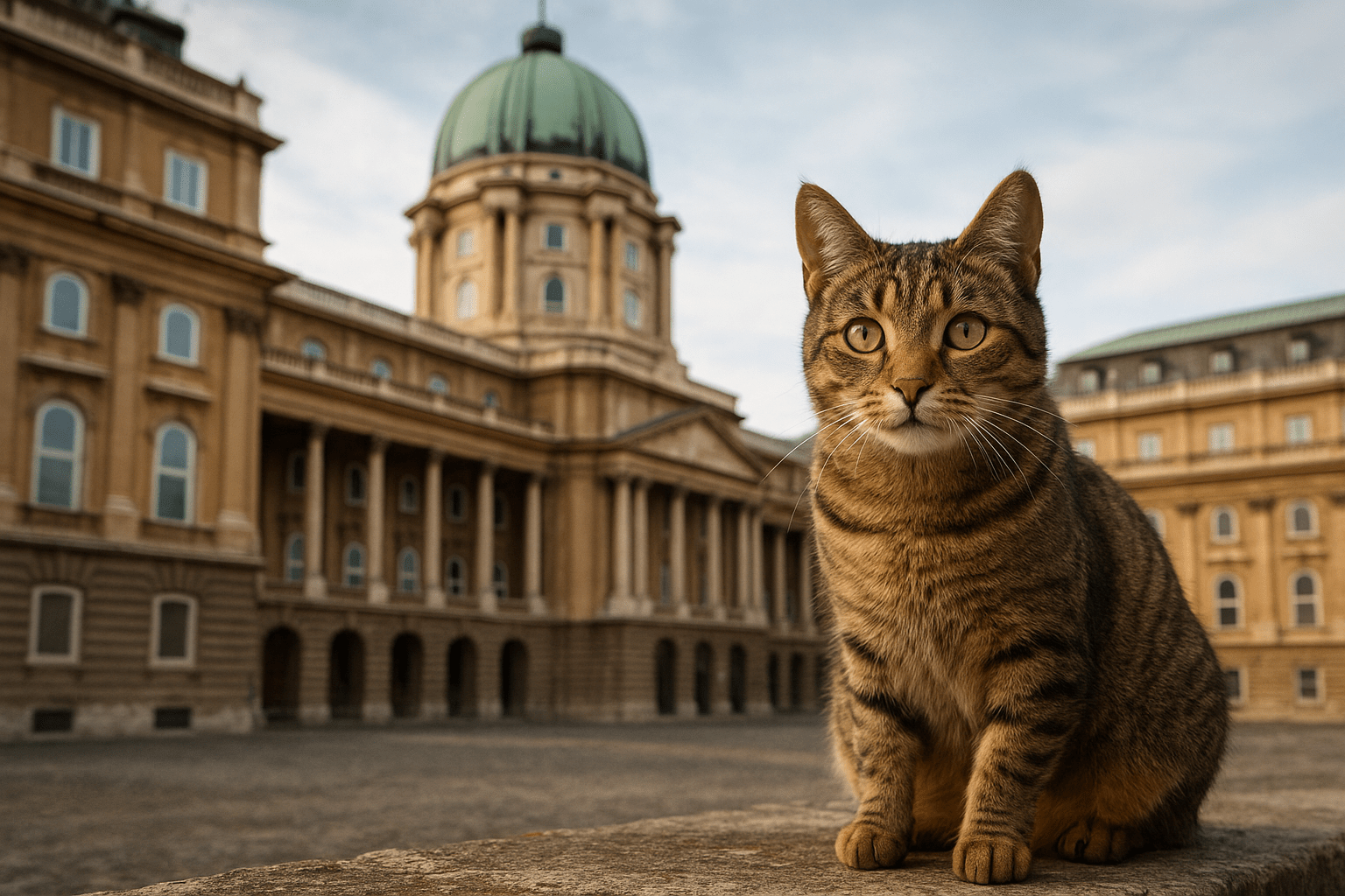 Egy cica ül a királyi palota előtt, a háttérben impozáns épületekkel.