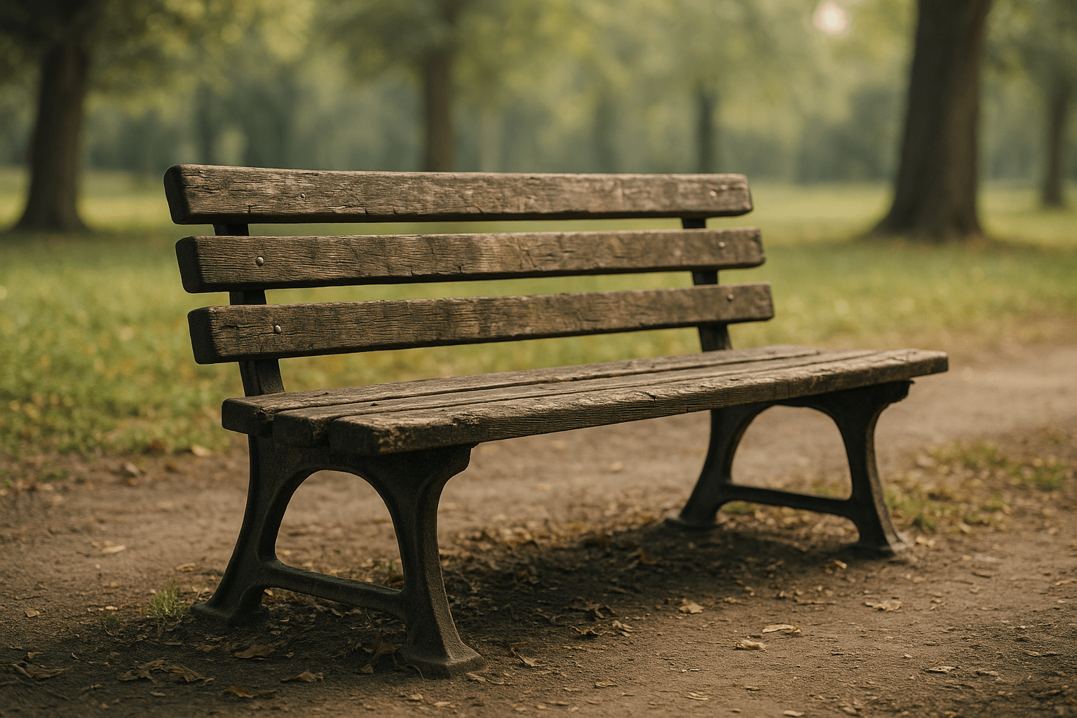 Egy öreg, fából készült pad áll a parkban, körülötte zöld fű és fák.