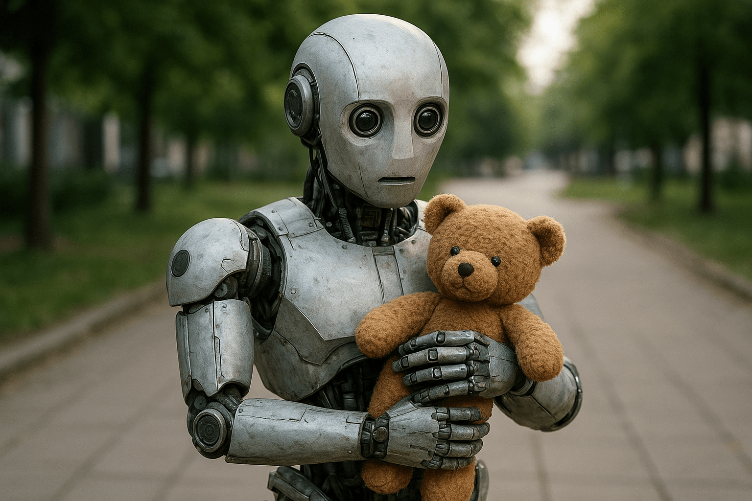 Egy magányos robot öleli a plüss macit, miközben az úton áll.