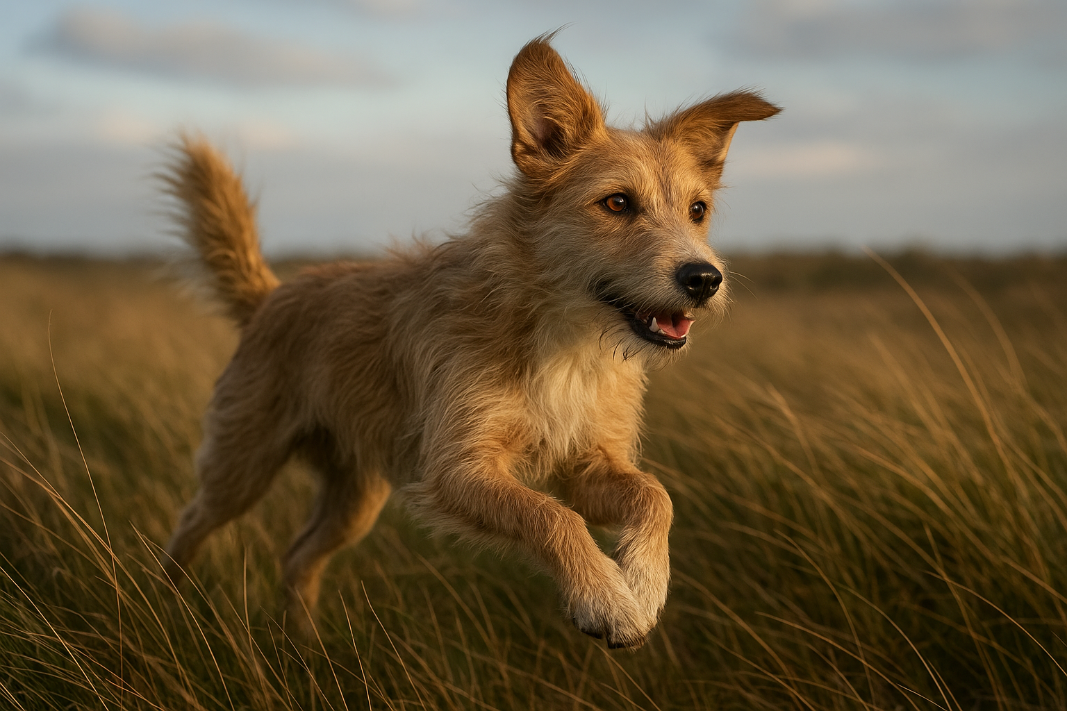 Egy boldog kutya fut a szélben, a fűben játszva, tele élettel.