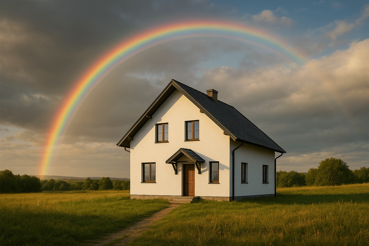 Egy fehér ház áll a zöld mezőn, felette szivárvány ível.