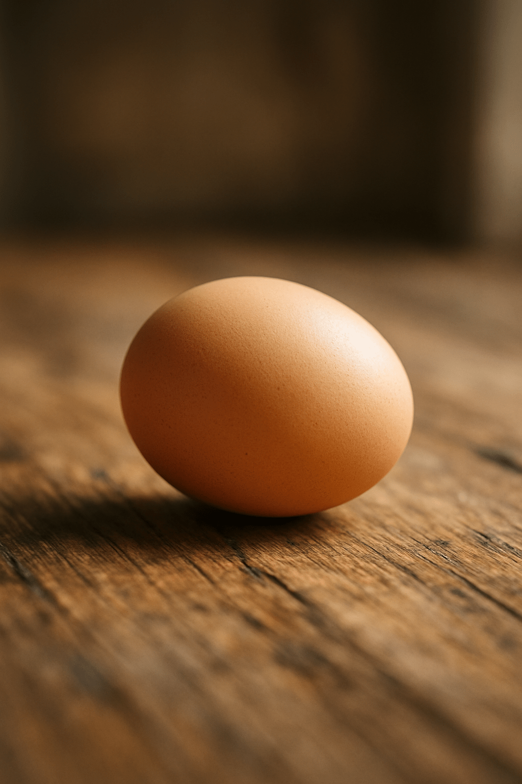 Egy sima, barna tojás fekszik egy rusztikus, fából készült asztalon.