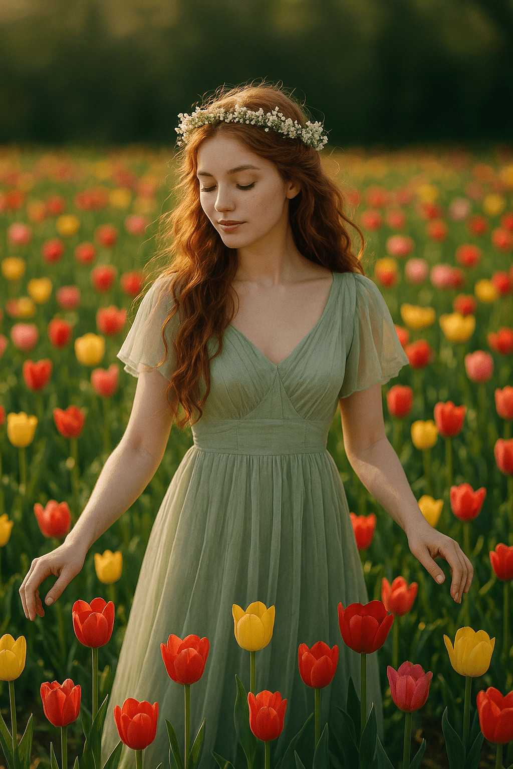 Egy fiatal nő zöld ruhában áll a tulipánok között, virágkoszorúval a fején.