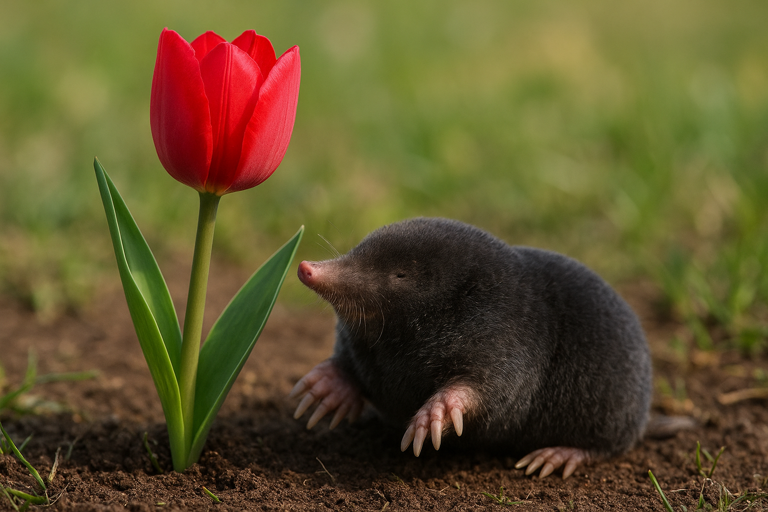 Egy vakond ül a földön, mellette egy piros tulipán áll.