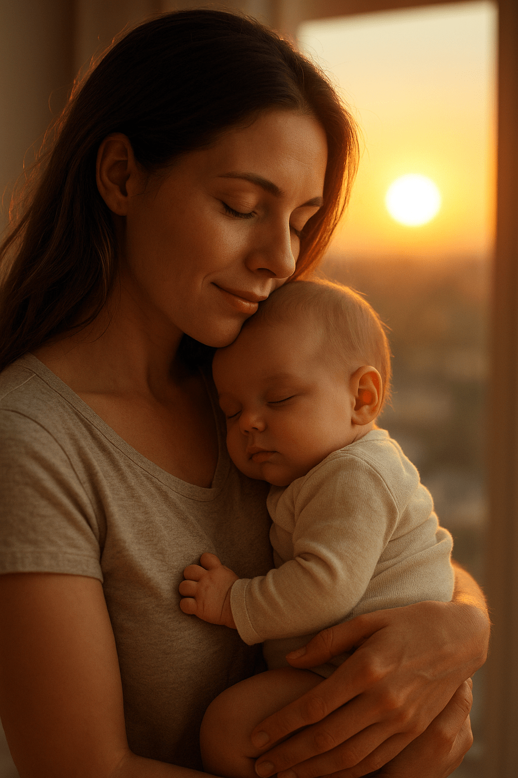 Egy anya öleli a kisbabáját, miközben a nap lenyugszik a háttérben.