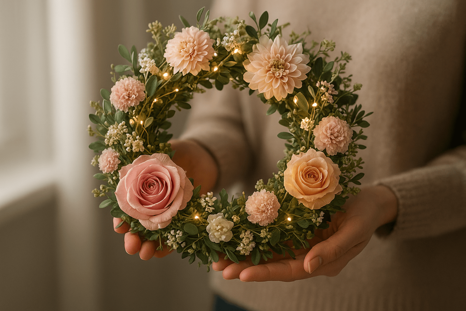 Egy színes virágkoszorú, rózsákkal és zöld levelekkel, meleg fényekkel díszítve.