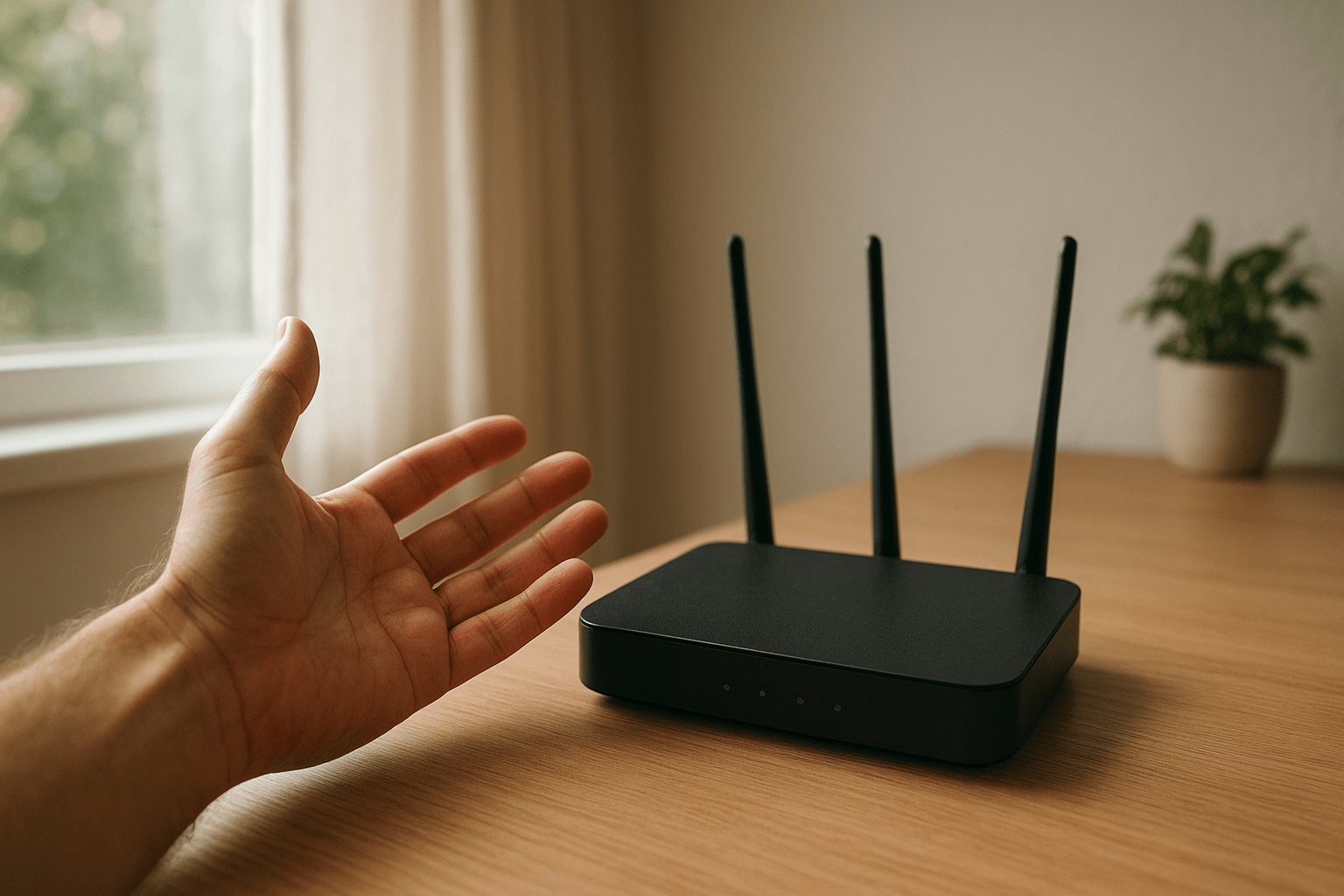 Egy kéz nyúlik a wifi router felé, amely az asztalon áll.