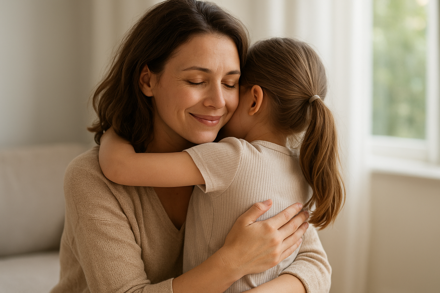 Egy anya öleli a lányát, mindketten boldogok és szeretetteljesek.