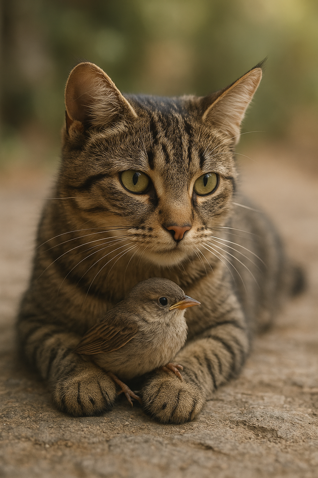 Egy cirmos macska óvatosan fekszik, mellette egy kis madárfióka pihen.