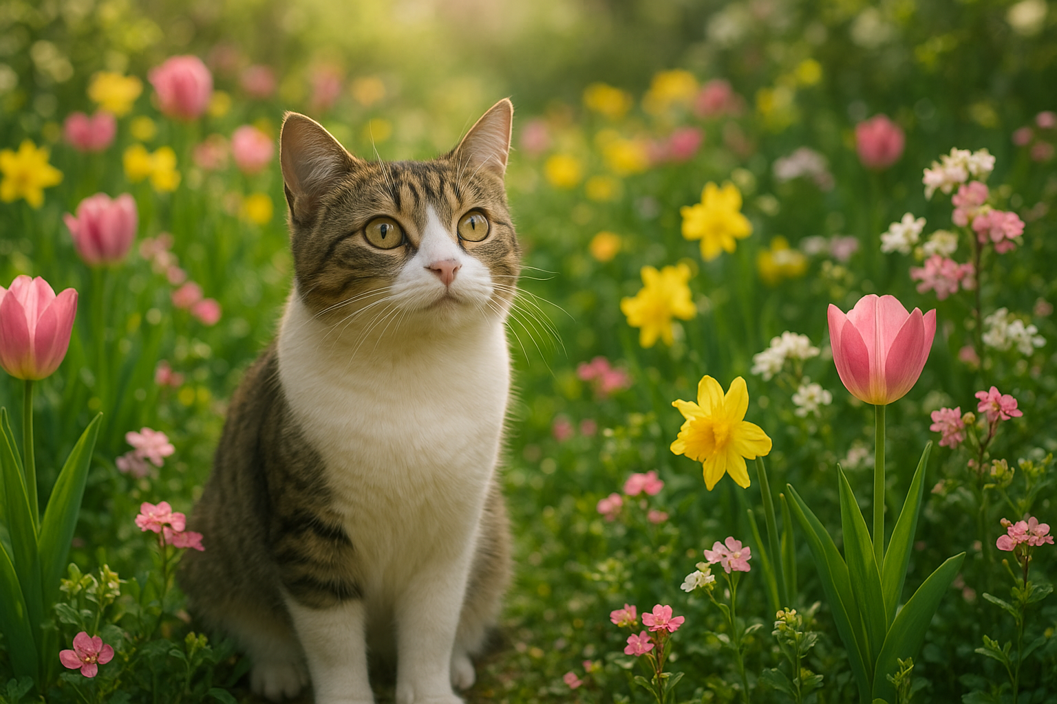 Egy cica ül a színes virágok között, miközben a napfény átszűrődik a kertbe.