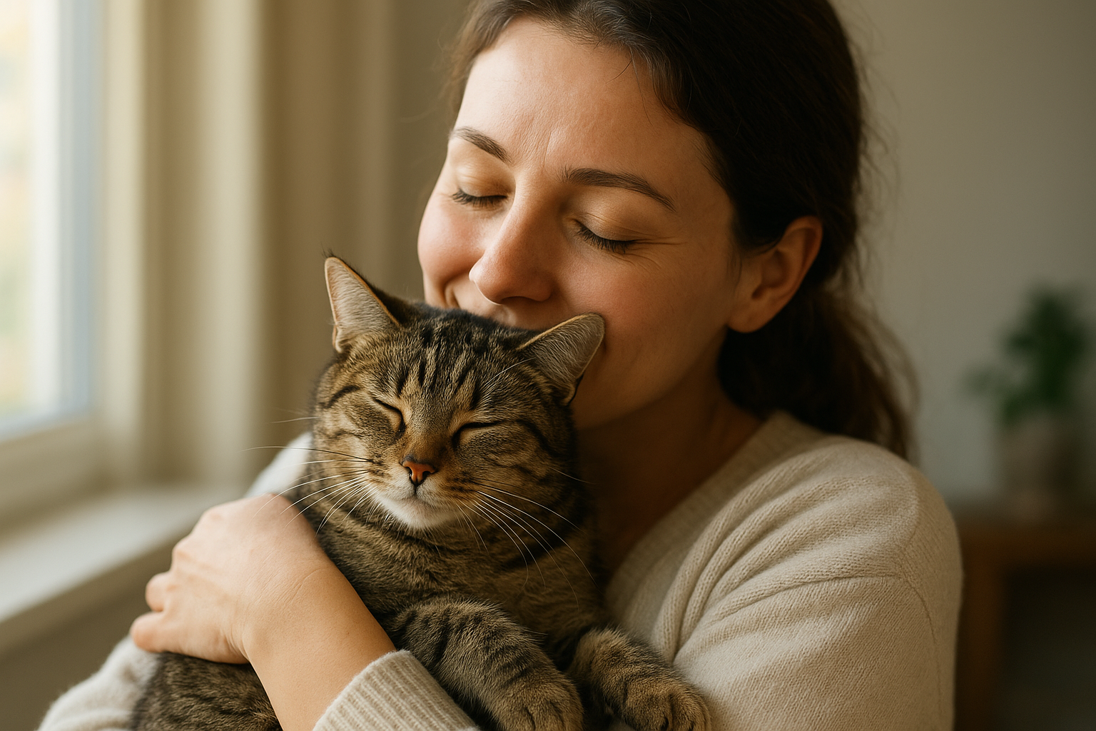 Egy nő öleli a cicáját, mindketten boldogan mosolyognak az anyák napján.