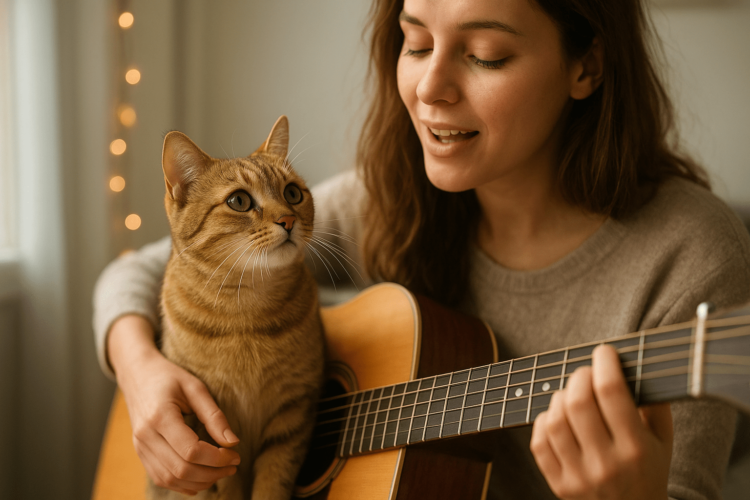 Egy nő gitározik, miközben a cica figyelmesen nézi őt.