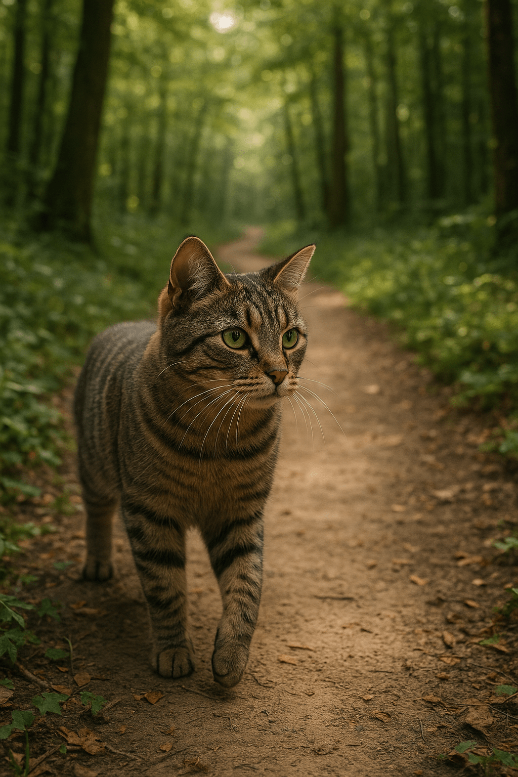 Cirmos, a kíváncsi cica, egy erdei ösvényen sétál, felfedezve a titkokat.