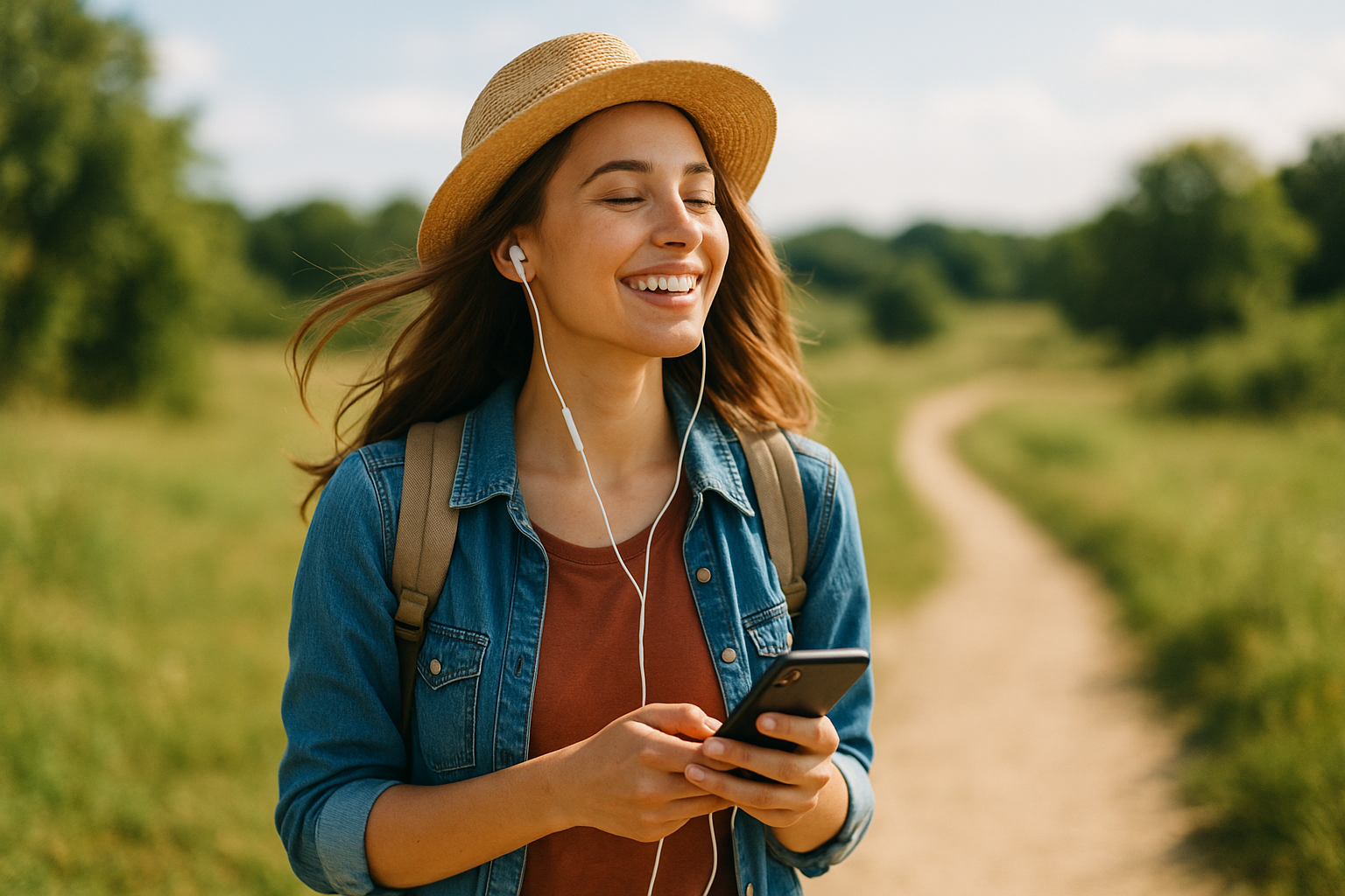 Egy fiatal nő boldogan sétál a természetben, fülhallgatóval és telefonjával.