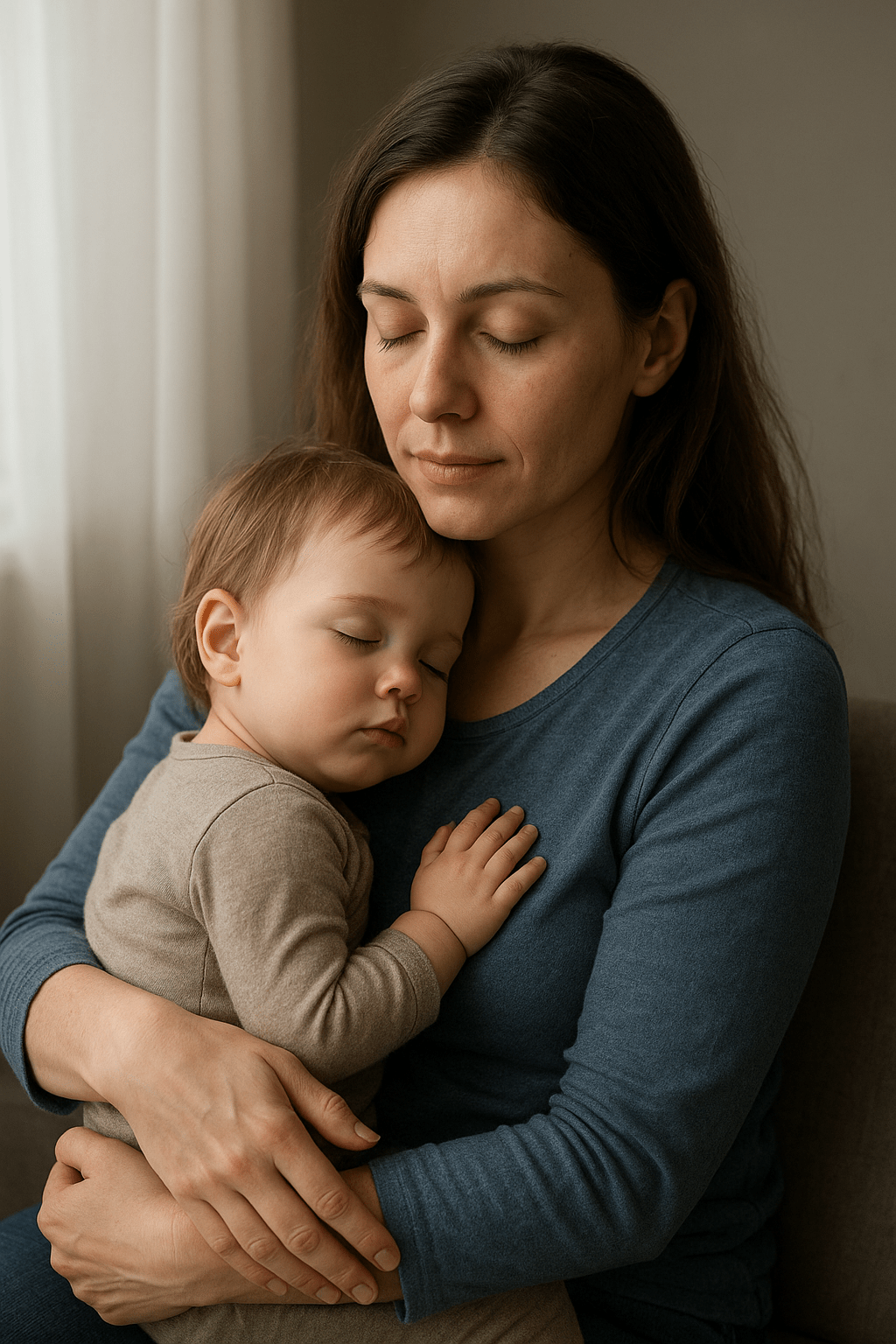 Egy anya ölelésében alvó kisgyermek, békés és szeretetteljes pillanat.