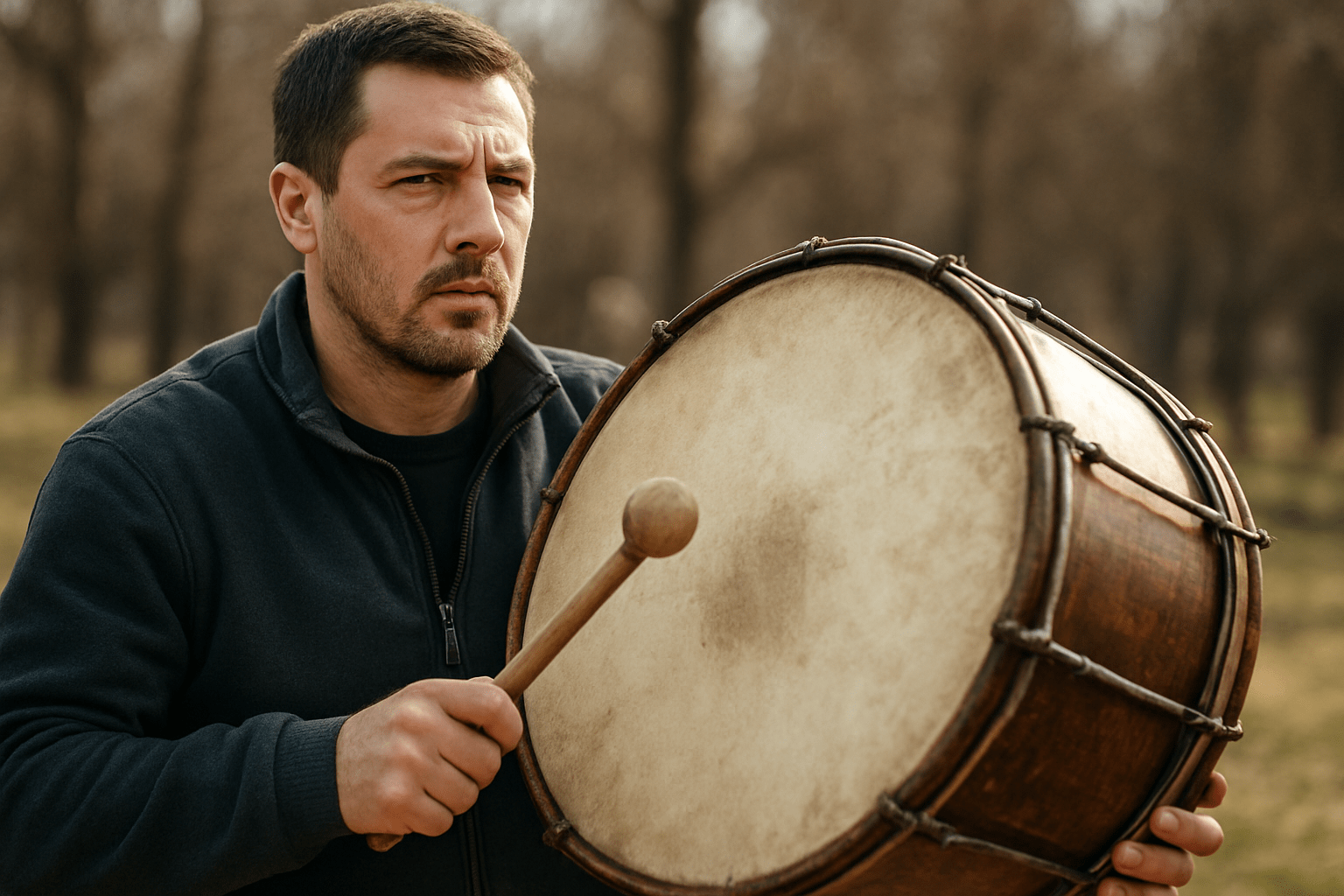 Egy férfi áll a természetben, kezében egy nagy dob, készül a farsangi mulatságra.