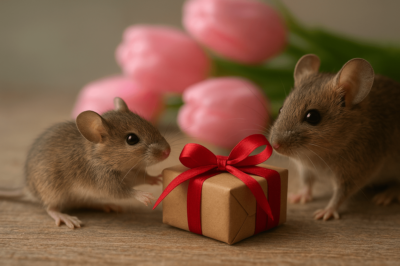 Két kis egér egy ajándékdoboz körül áll, háttérben rózsaszín tulipánokkal.