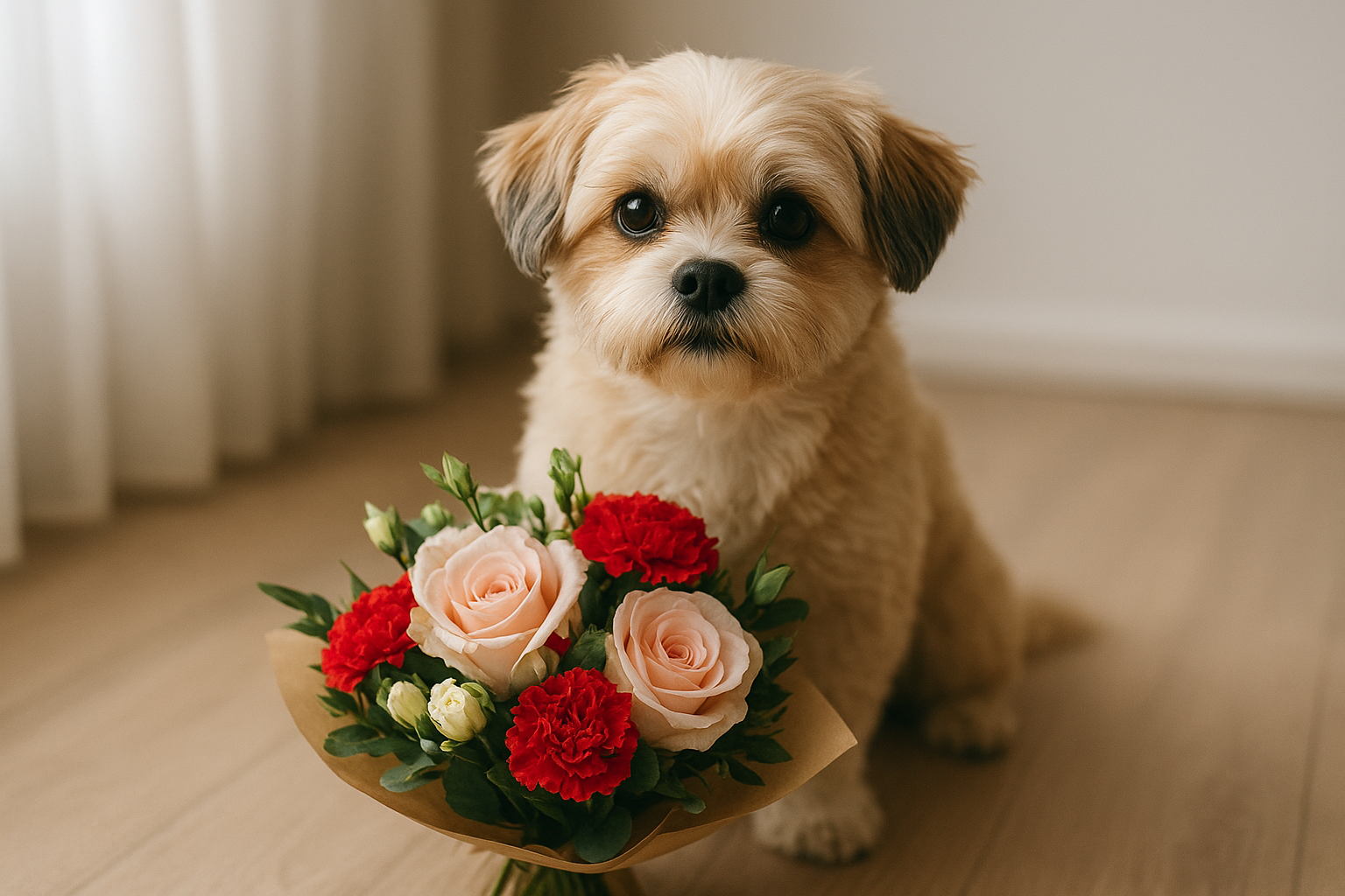 Egy kis kutya ül a földön, mellette egy színes virágcsokor.