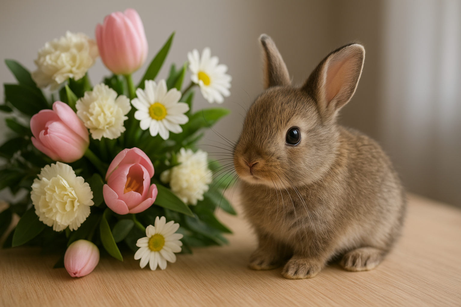 Egy kis nyuszi ül egy asztalon, mellette színes virágcsokor található.