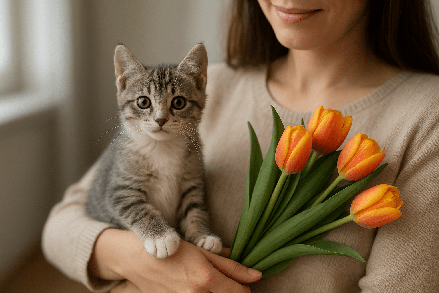 Egy kiscica ül egy nő karjaiban, aki tulipánokat tart a kezében.