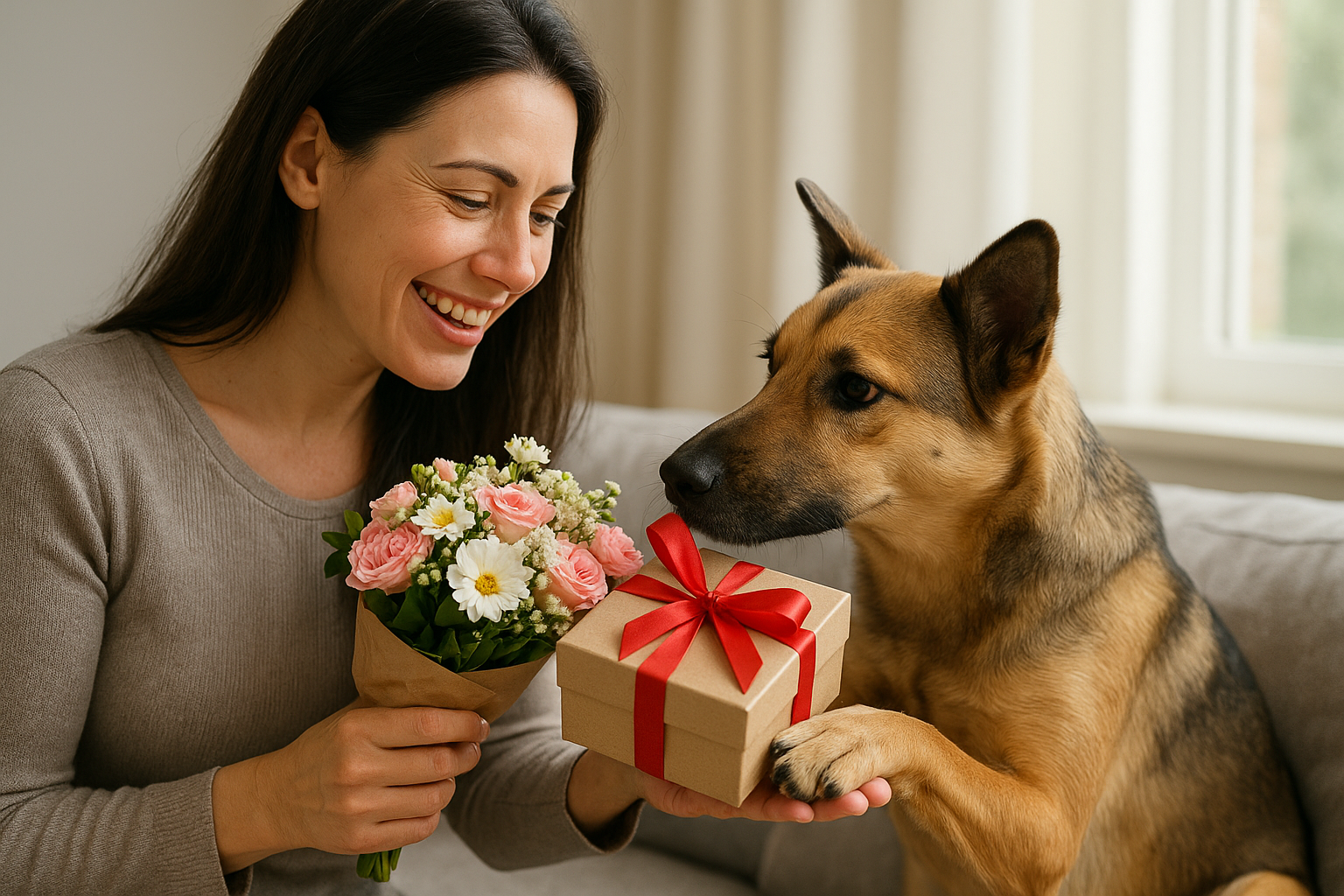 Egy nő mosolyogva virágcsokrot és ajándékot tart a kutyája mellett.